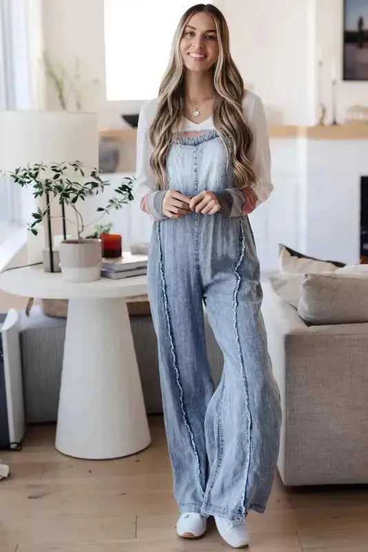 Beau Blue Light Wash Frayed Exposed Seam Wide Leg Denim Overall - Fashionfitz