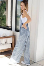 Beau Blue Light Wash Frayed Exposed Seam Wide Leg Denim Overall - Fashionfitz