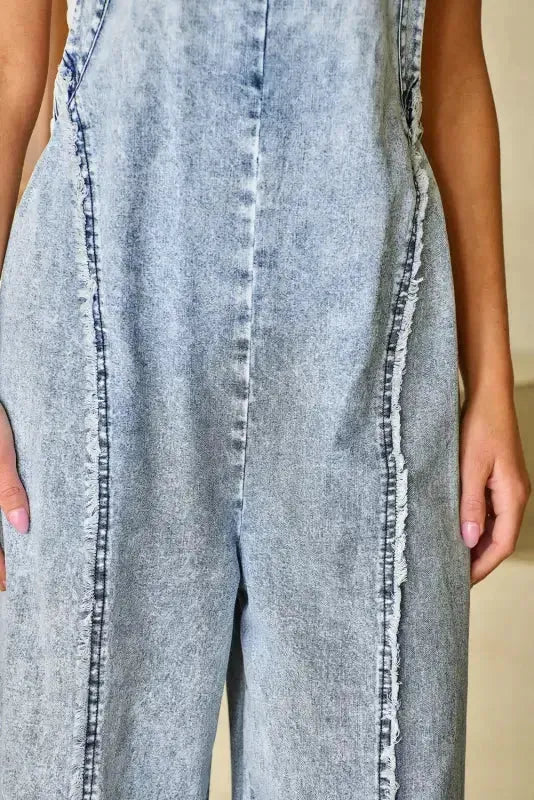 Beau Blue Light Wash Frayed Exposed Seam Wide Leg Denim Overall - Fashionfitz