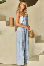 Beau Blue Light Wash Frayed Exposed Seam Wide Leg Denim Overall - Fashionfitz