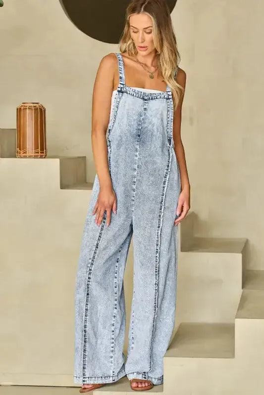 Beau Blue Light Wash Frayed Exposed Seam Wide Leg Denim Overall - Fashionfitz