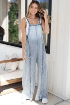 Beau Blue Light Wash Frayed Exposed Seam Wide Leg Denim Overall - Fashionfitz