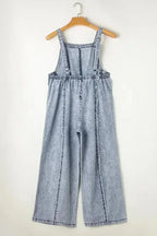 Beau Blue Light Wash Frayed Exposed Seam Wide Leg Denim Overall - Fashionfitz