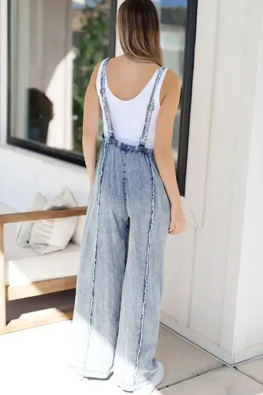 Beau Blue Light Wash Frayed Exposed Seam Wide Leg Denim Overall - Fashionfitz