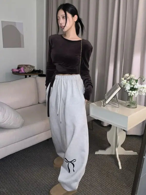 Bow print oversized thickened sweatpants