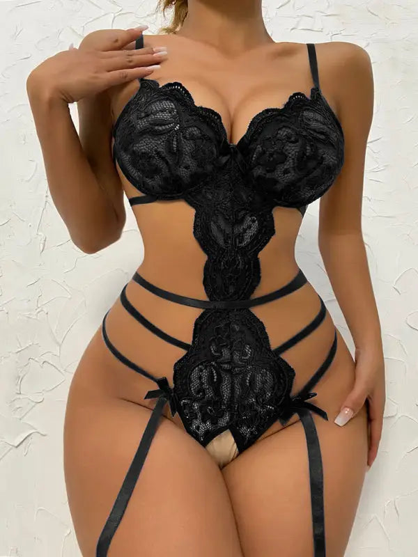 Bows and ties lace teddy lingerie - black / s