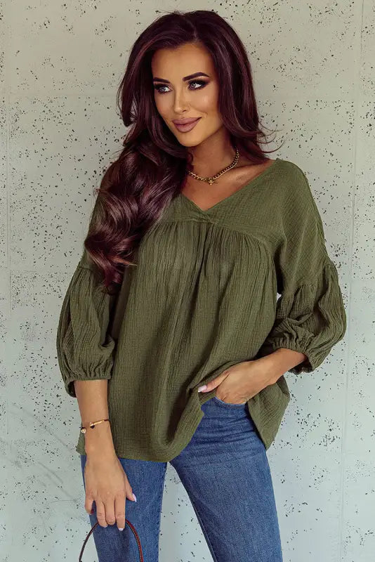 Bracelet sleeve babydoll blouse - green / s / 100% cotton - blouses