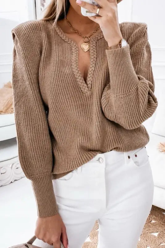 Brown braided notched v neckline puff sleeve knitted sweater - s / 65% acrylic + 35% polyamide - sweaters & cardigans