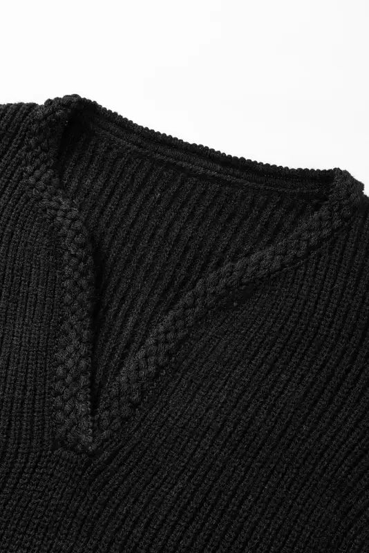 Black braided notched v neckline puff sleeve knitted sweater - tops