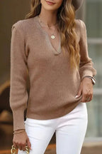 Braided Notched V-Neckline Puff Sleeve Knitted Sweater - Fashionfitz