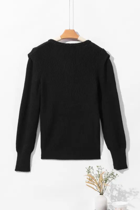 Black braided notched v neckline puff sleeve knitted sweater - tops