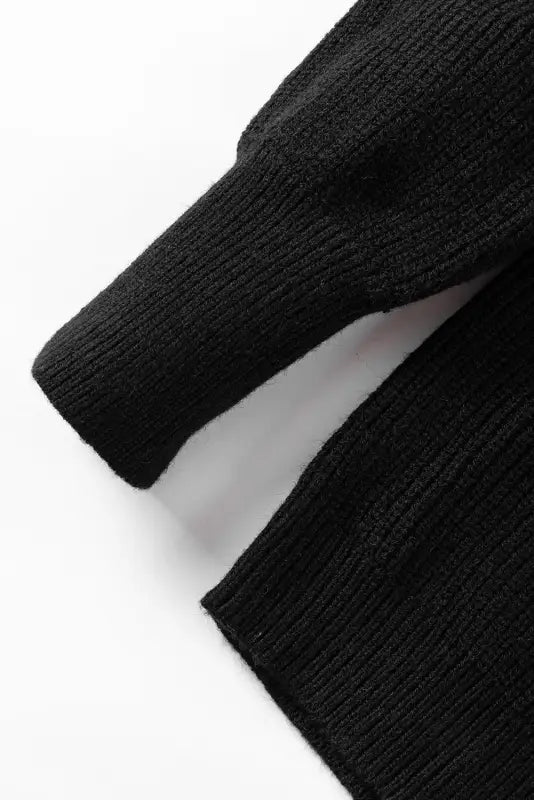 Black braided notched v neckline puff sleeve knitted sweater - tops