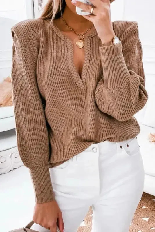 Braided Notched V-Neckline Puff Sleeve Knitted Sweater - Fashionfitz