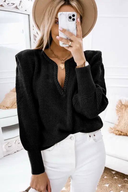 Black braided notched v neckline puff sleeve knitted sweater - tops