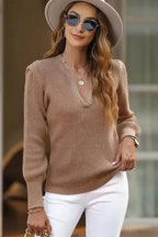 Braided Notched V-Neckline Puff Sleeve Knitted Sweater - Fashionfitz