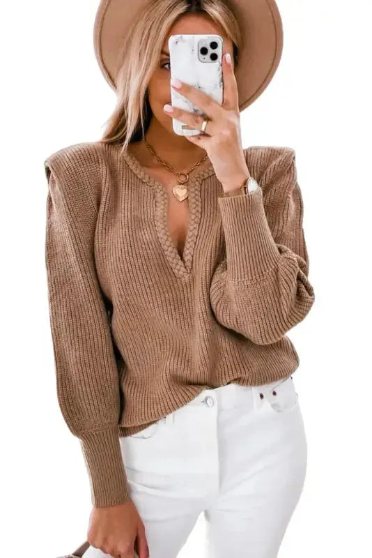 Braided Notched V-Neckline Puff Sleeve Knitted Sweater - Fashionfitz