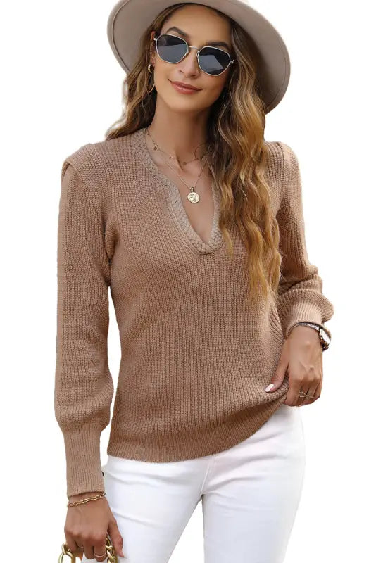 Black braided notched v neckline puff sleeve knitted sweater - tops