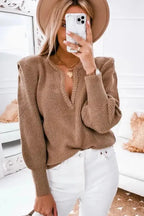 Braided Notched V-Neckline Puff Sleeve Knitted Sweater - Fashionfitz
