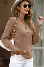 Braided Notched V-Neckline Puff Sleeve Knitted Sweater - Fashionfitz
