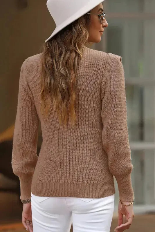 Braided Notched V-Neckline Puff Sleeve Knitted Sweater - Fashionfitz