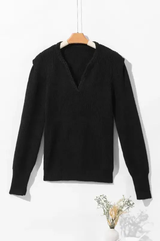Braided Notched V-Neckline Puff Sleeve Knitted Sweater - Fashionfitz