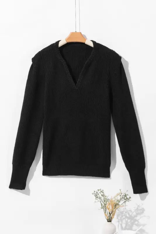 Black braided notched v neckline puff sleeve knitted sweater - tops