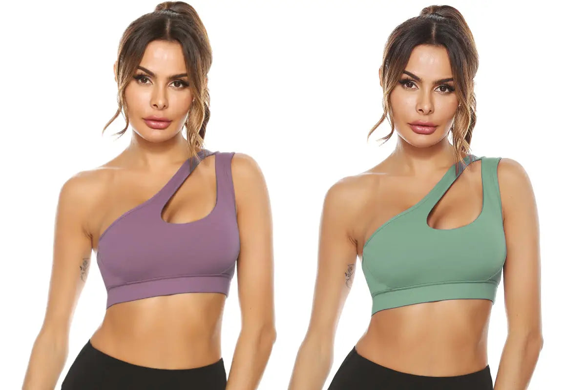 Breeze one-shoulder sports bra - green gray + purple / s - bras
