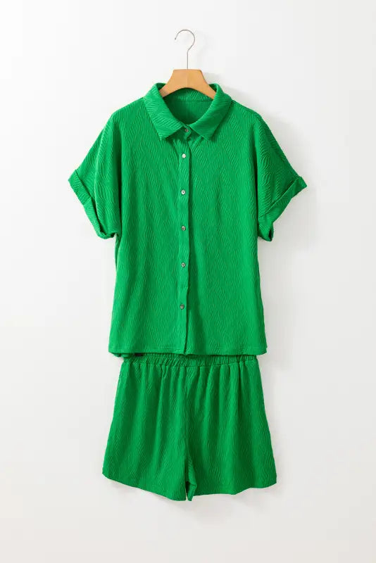 Bright green co-ord shorts set: relax relax in vibrant green short-sleeved shirt and shorts