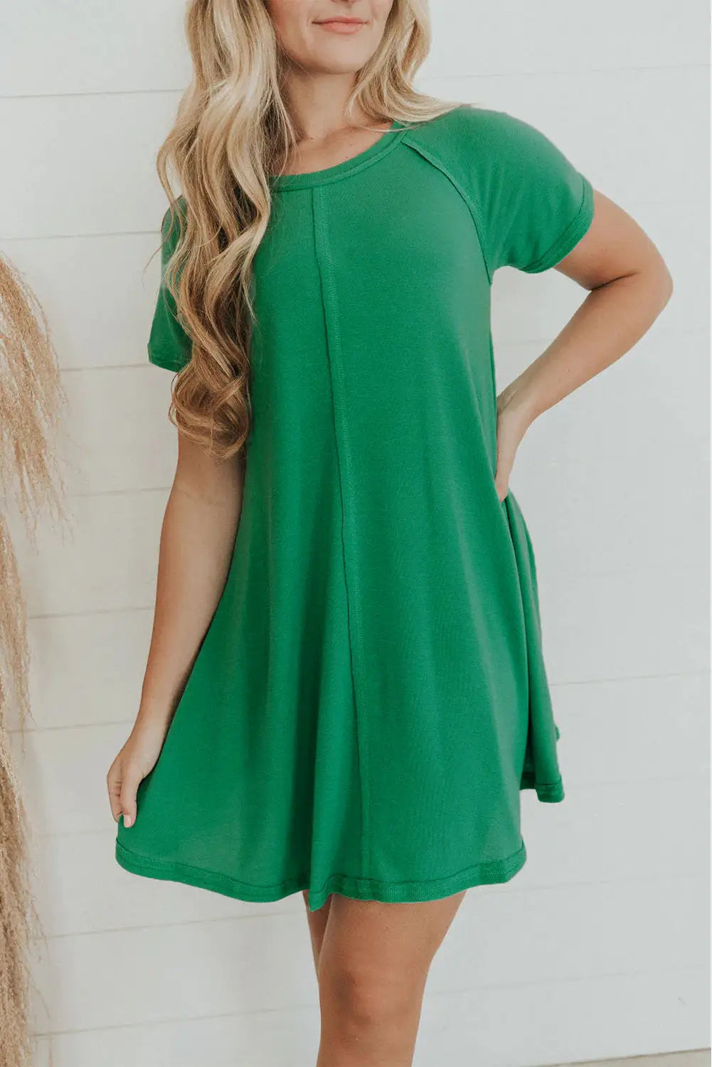 Bright green exposed seam t-shirt dress - s / 85% polyester + 10% cotton + 5% elastane - dresses/t shirt dresses