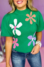 Bright Green Floral Bubble Short Sleeve Sweater - Fashionfitz
