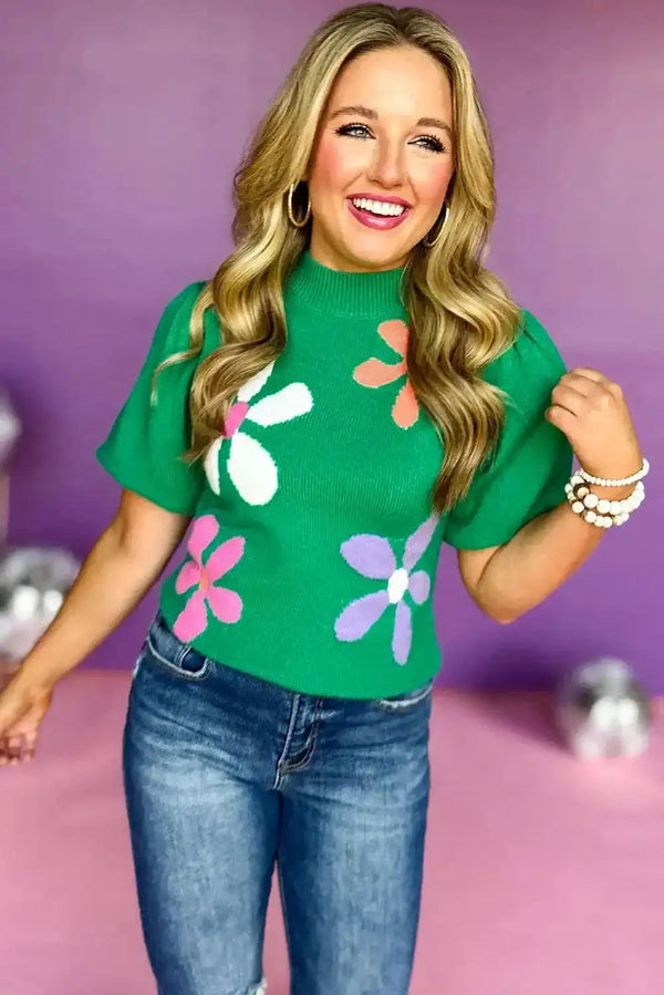Bright green floral bubble sleeve sweater back view — Fashionfitz UK