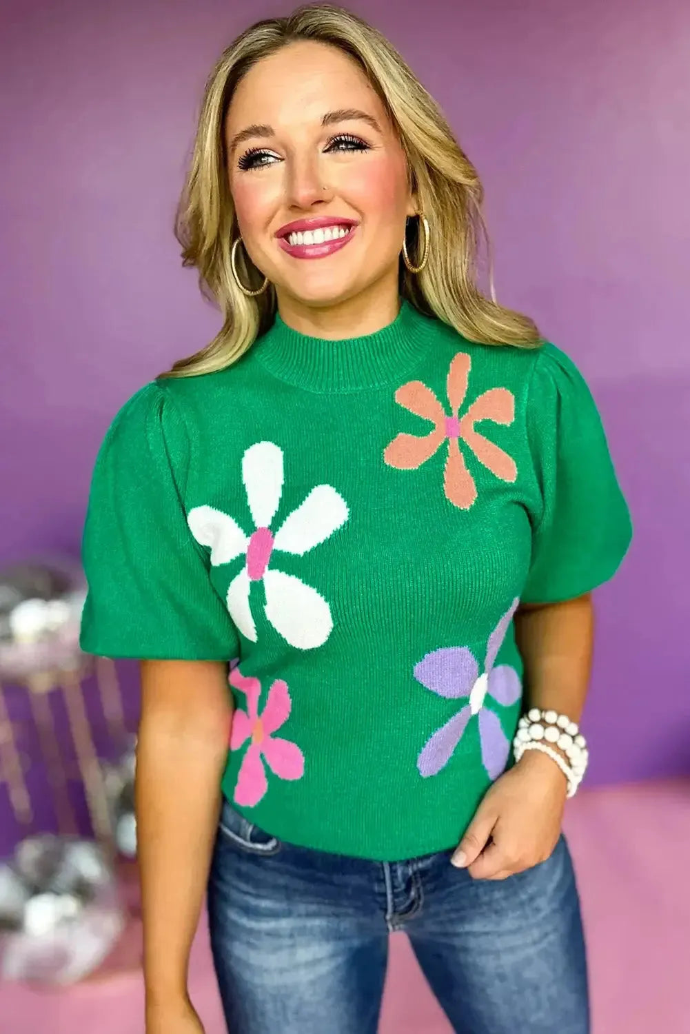 Bright Green Floral Bubble Short Sleeve Sweater - Fashionfitz