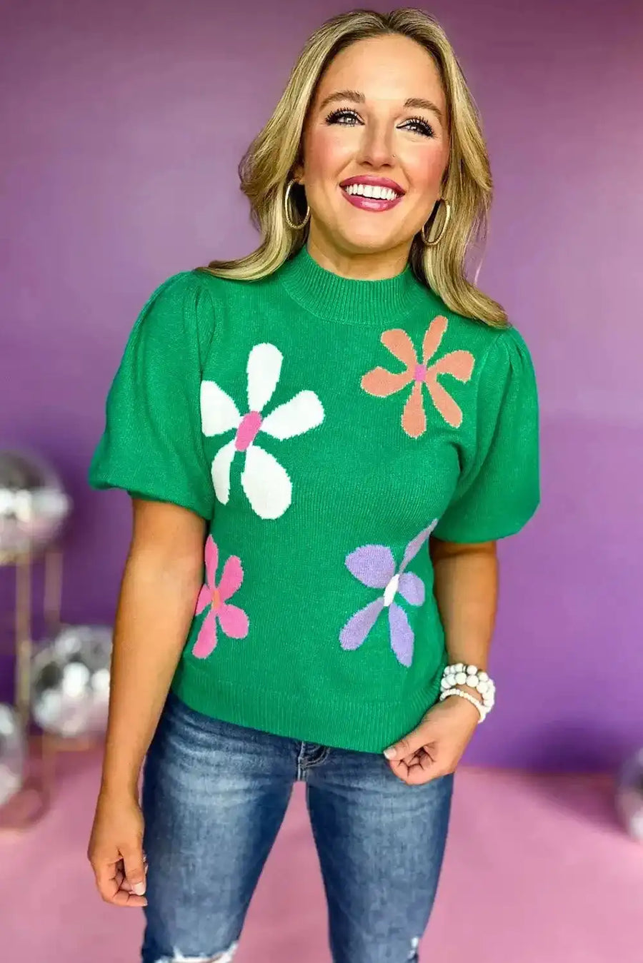 FashionFitz bright green floral sweater with bubble sleeves and bold flower patterns, ideal for casual or smart-casual outfits.