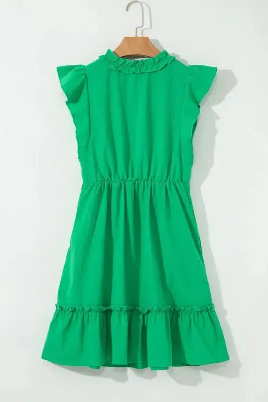 Bright Green Split V Neck Elastic Waist Ruffled Dress - Fashionfitz