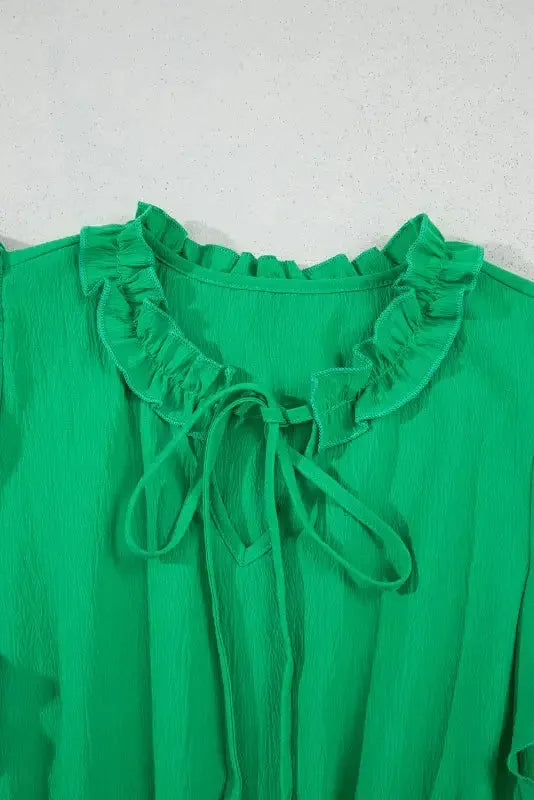 Bright Green Split V Neck Elastic Waist Ruffled Dress - Fashionfitz