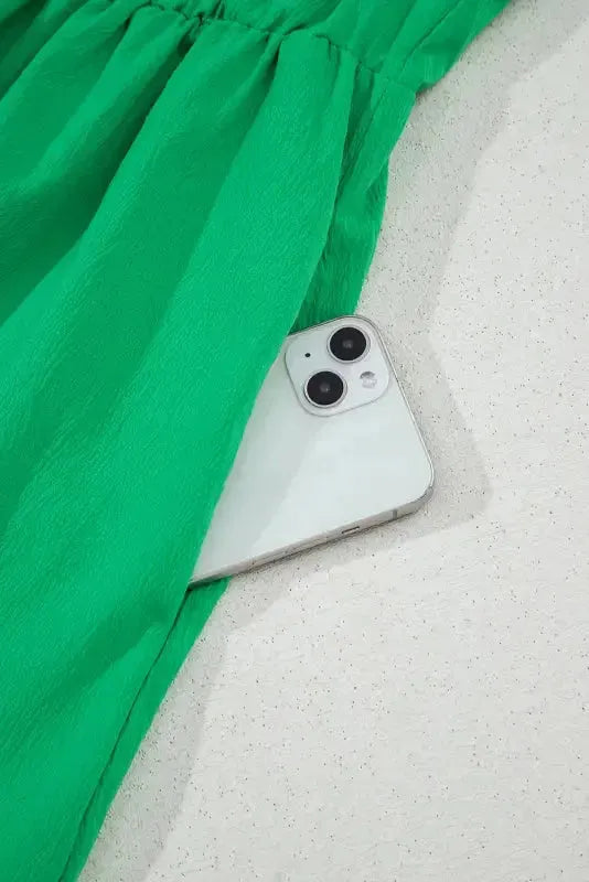 Bright Green Split V Neck Elastic Waist Ruffled Dress - Fashionfitz