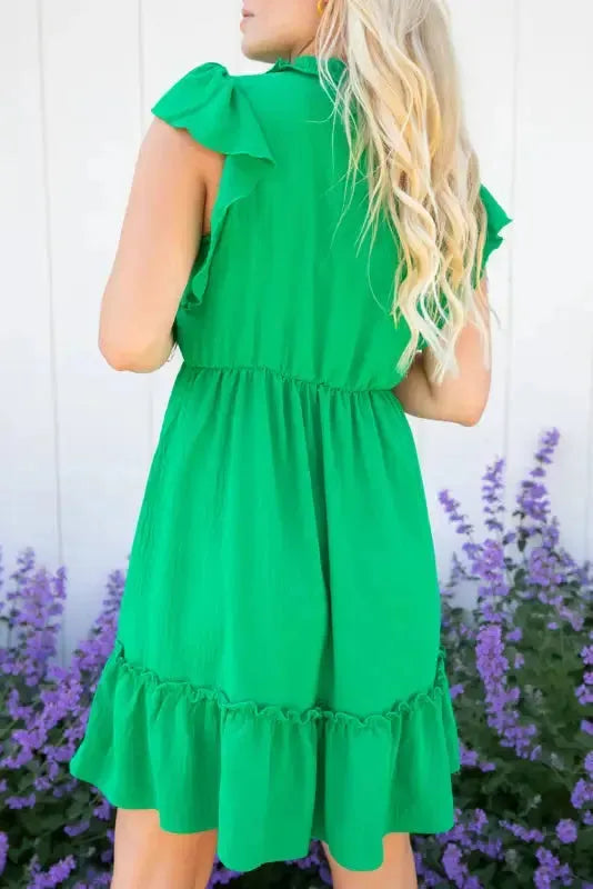 Bright Green Split V Neck Elastic Waist Ruffled Dress - Fashionfitz