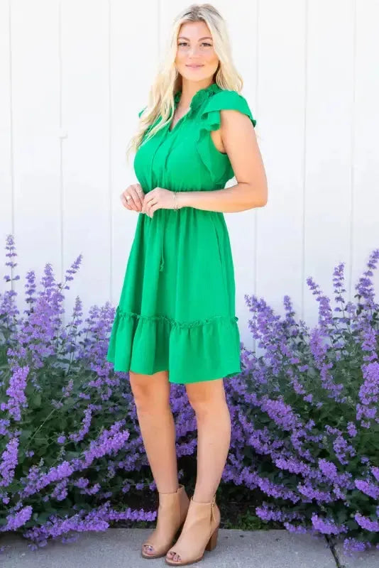 Bright Green Split V Neck Elastic Waist Ruffled Dress - Fashionfitz