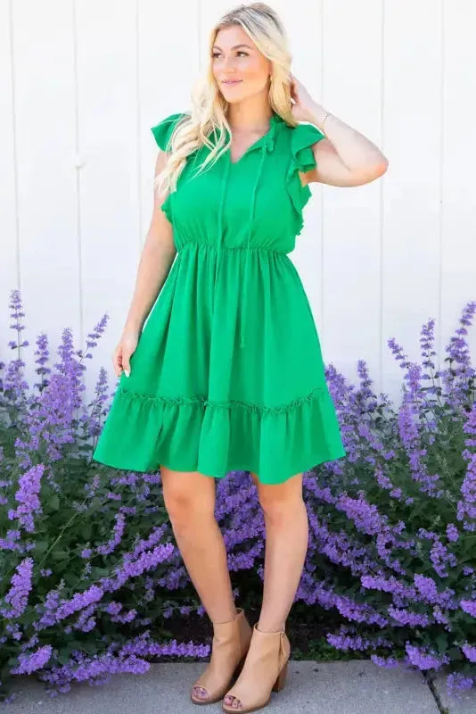 Bright Green Split V Neck Elastic Waist Ruffled Dress - Fashionfitz
