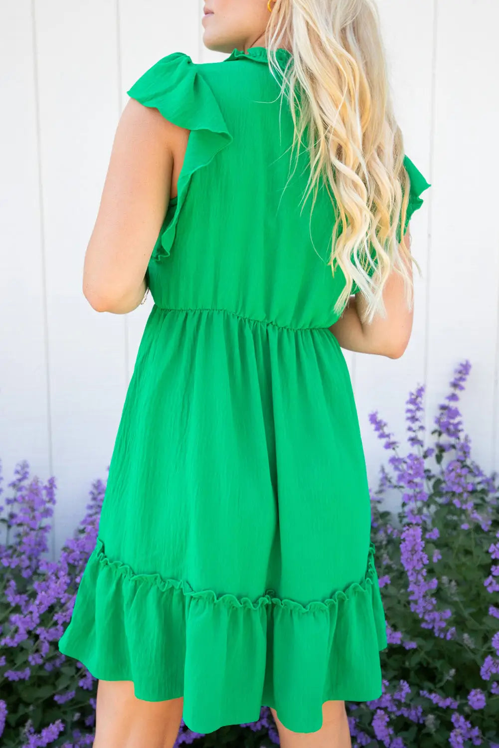 Bright green split v neck elastic waist ruffled dress - floral dresses