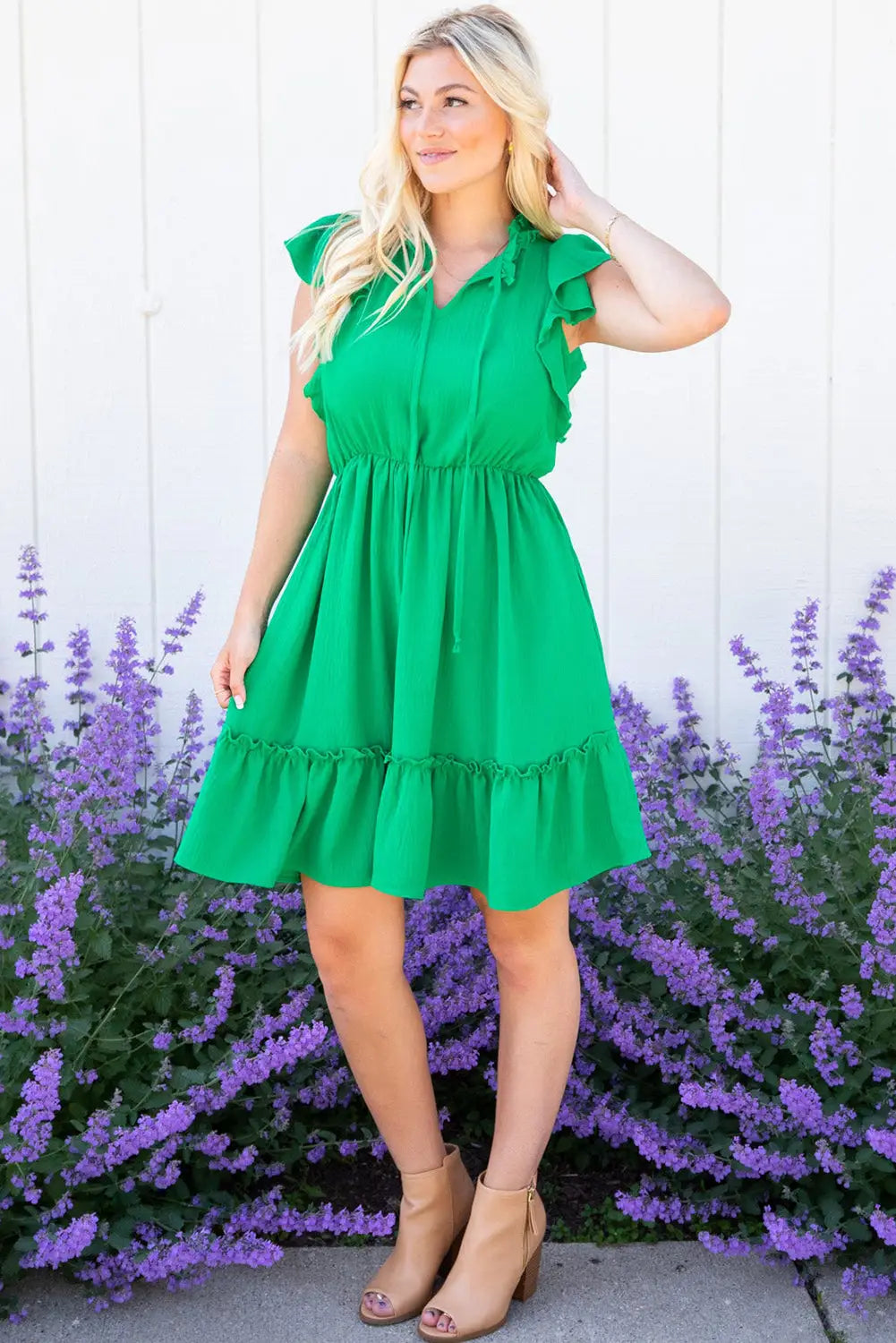 Bright green split v neck elastic waist ruffled dress - floral dresses