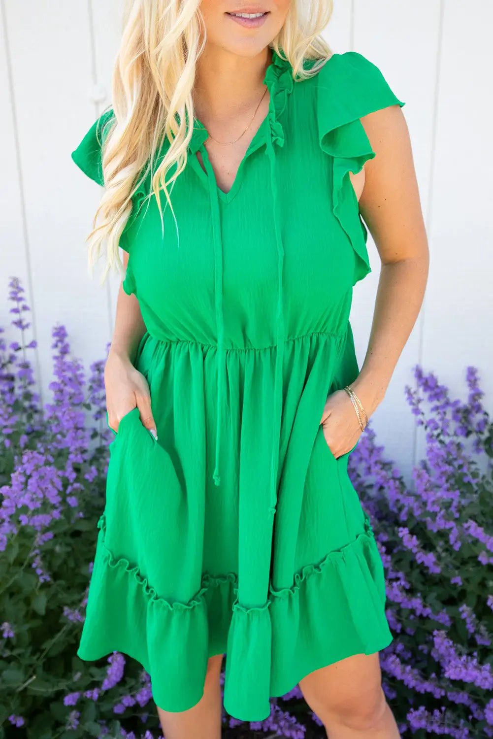 Bright green split v neck elastic waist ruffled dress - l / 100% polyester - floral dresses