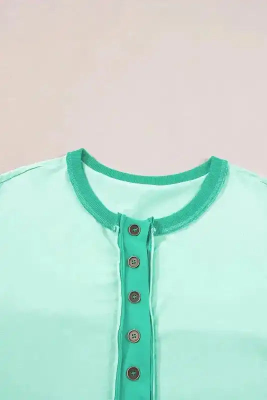Bright Green T-Shirt - Contrast Color Patchwork Half Button - Fashionfitz