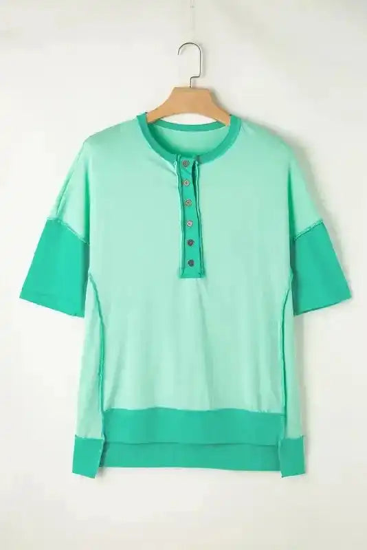 Bright Green T-Shirt - Contrast Color Patchwork Half Button - Fashionfitz
