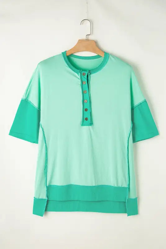 Bright green t-shirt - contrast color patchwork half button - t-shirts