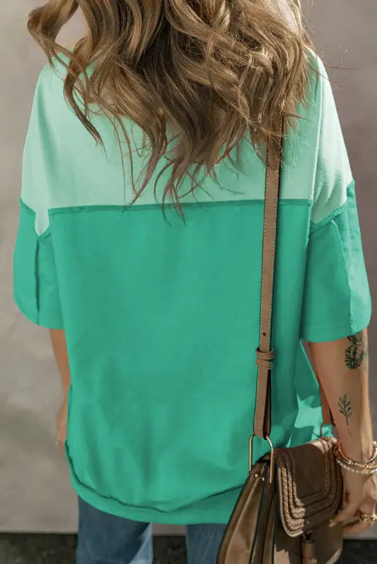 Bright green t-shirt - contrast color patchwork half button - t-shirts