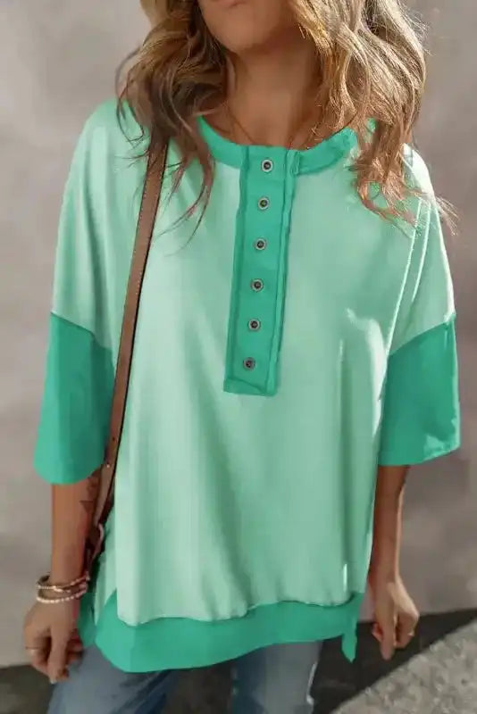 Bright Green T-Shirt - Contrast Color Patchwork Half Button - Fashionfitz