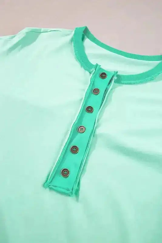 Bright Green T-Shirt - Contrast Color Patchwork Half Button - Fashionfitz
