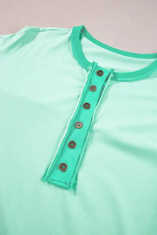 Bright green t-shirt - contrast color patchwork half button - t-shirts