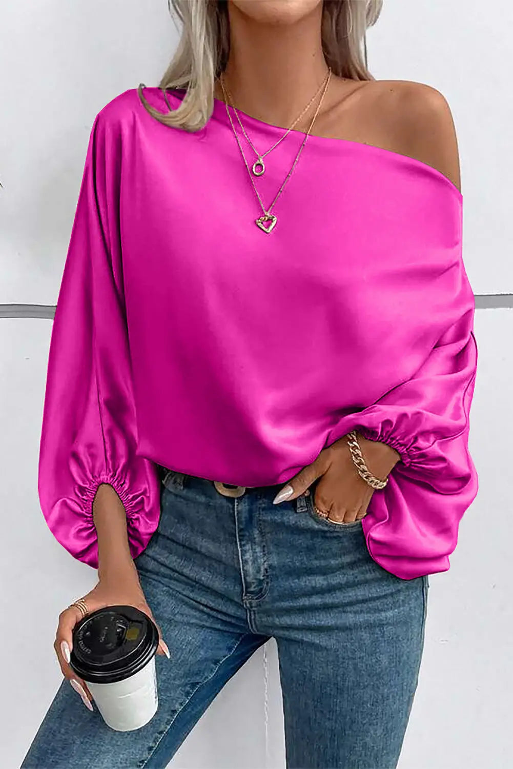Bright pink asymmetrical neck balloon sleeve satin blouse - s / 95% polyester + 5% elastane - blouses & shirts